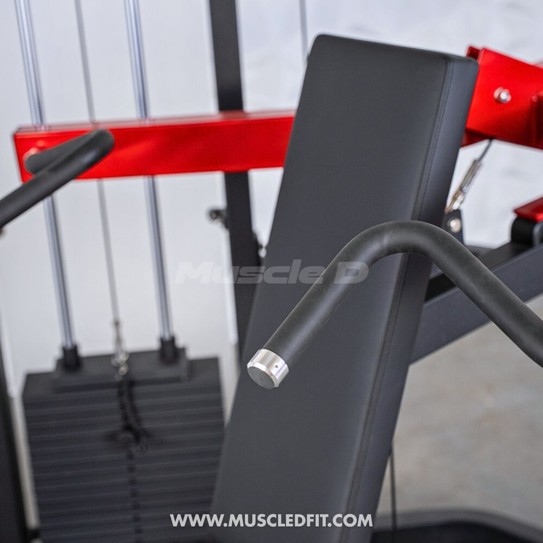 Classic V2 Shoulder Press  machine with red and black design, featuring the brand 'Muscle D'.