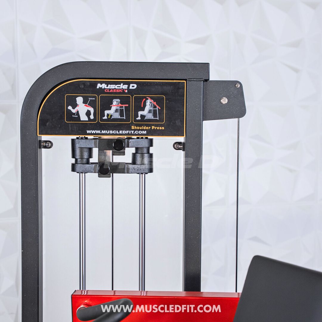 Classic V2 Shoulder Press  machine with 'Muscle D' branding on a white background