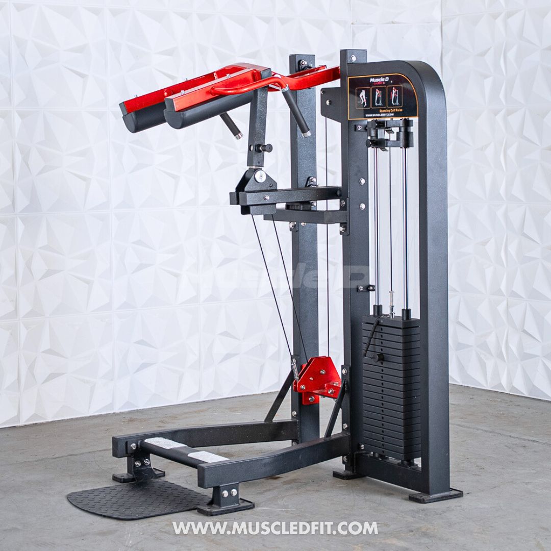 Classic V2 Selectorized Standing Calf Raise machine with red pulleys on a light gray background