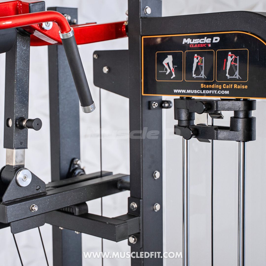 Classic V2 Selectorized Standing Calf Raise machine with 'Muscle D' branding on a gray background