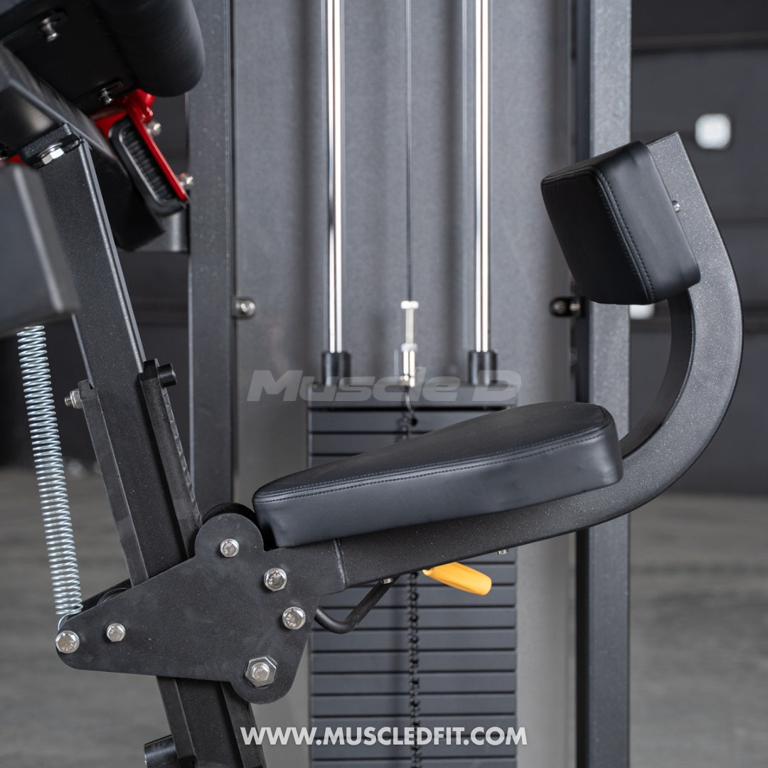 Close-up of a  Classic V2 Triceps extension  machine with 'Muscle D Fit' branding.