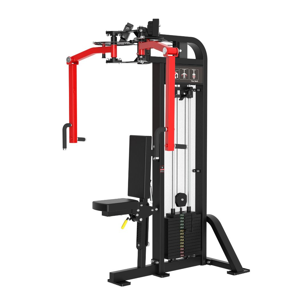 Selectorized pec fly / rear delt machine with red and black frame on a white background