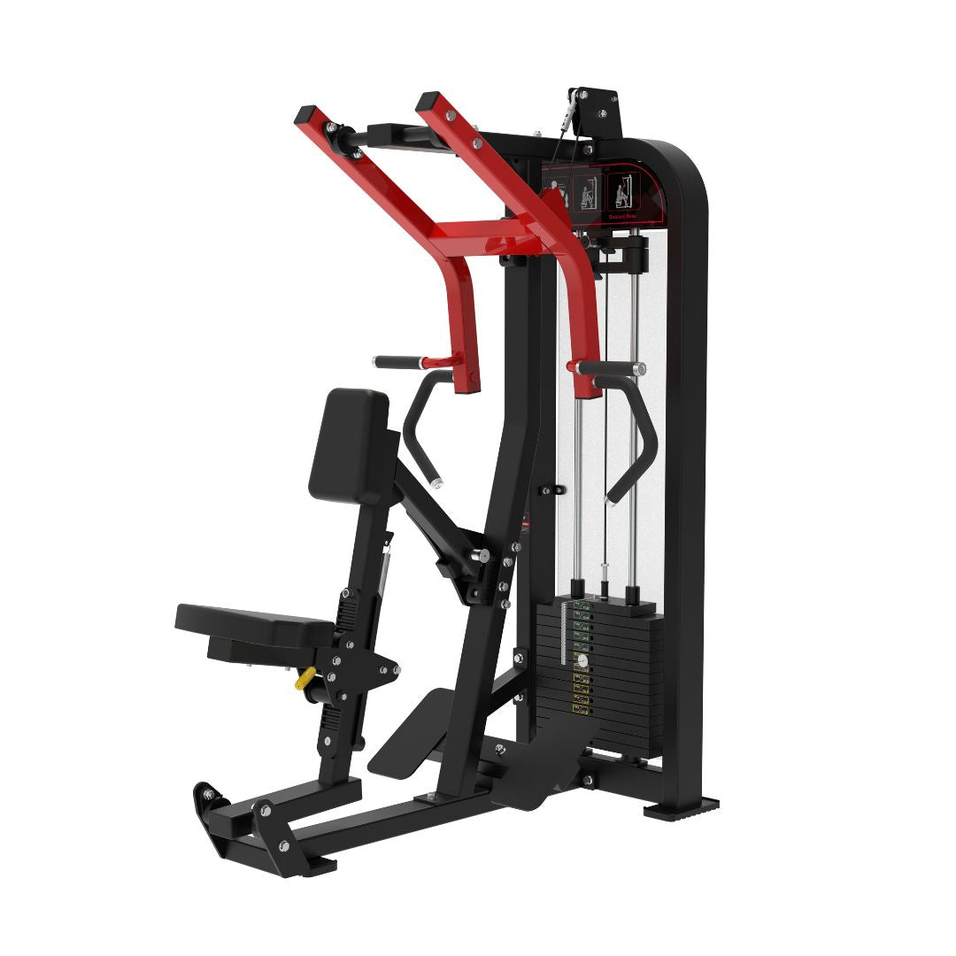 Seated Row machine with red and black frame on a white background