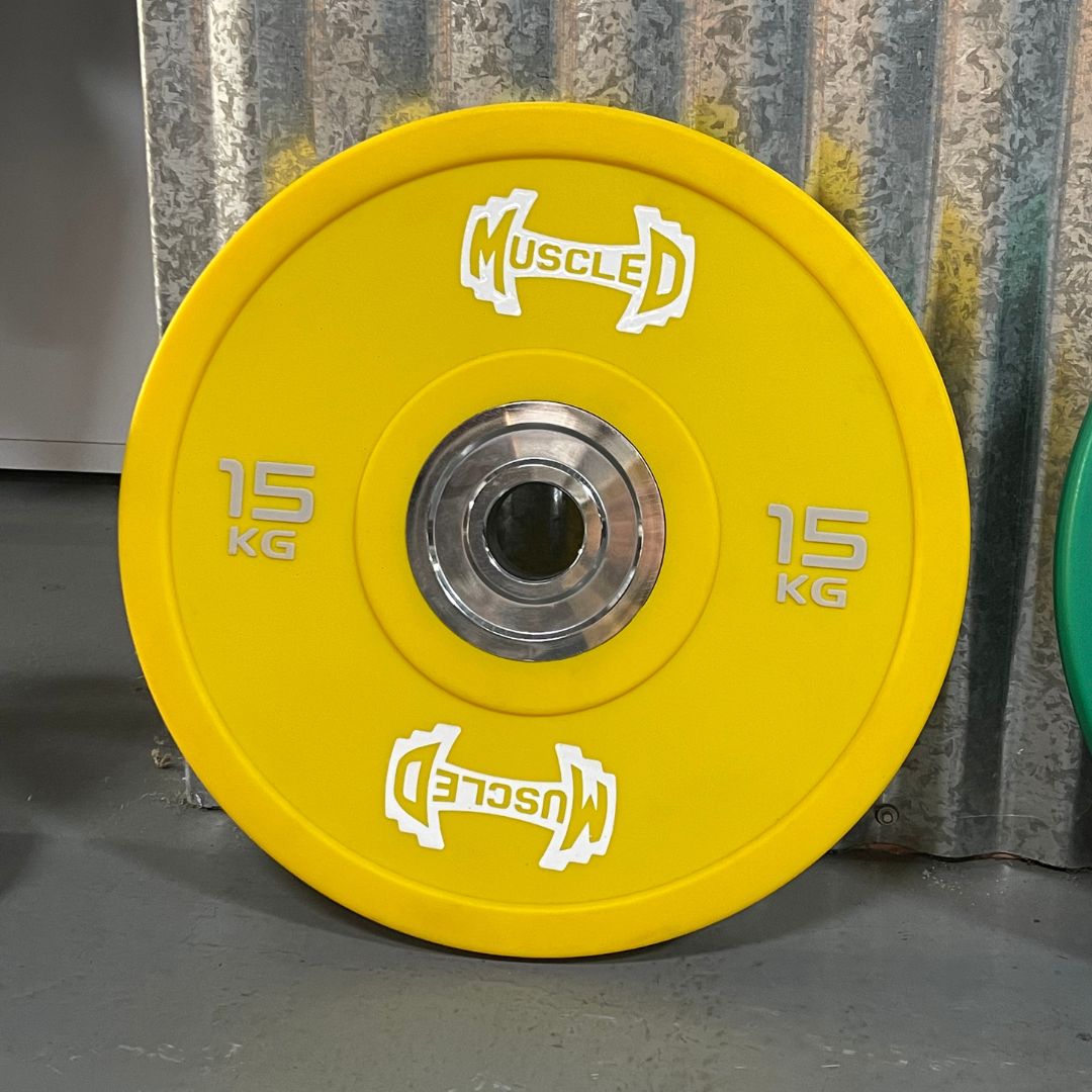 yellow color urethane bumper plate fifteen kg with muscle d logo