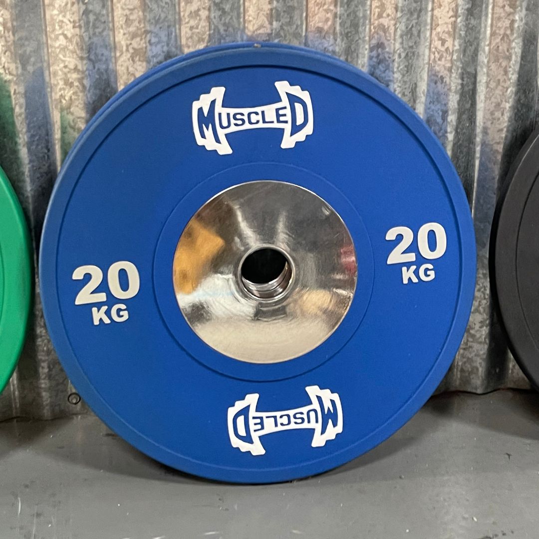 blue color urethane bumper plate twenty kg with muscle d logo