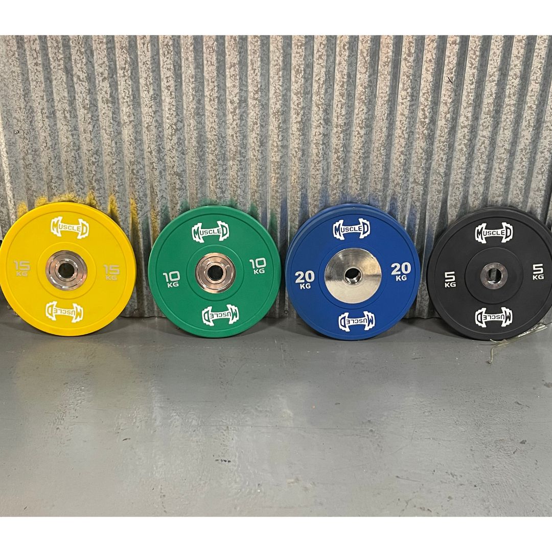 color urethane bumper plate five, ten,fifteen, and twenty kg with muscle d logo