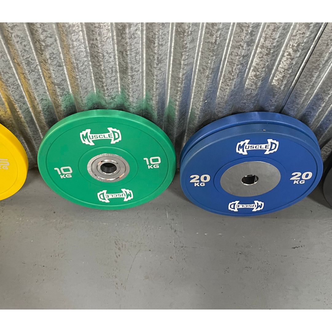 color urethane bumper plate ten and twenty kg with muscle d logo