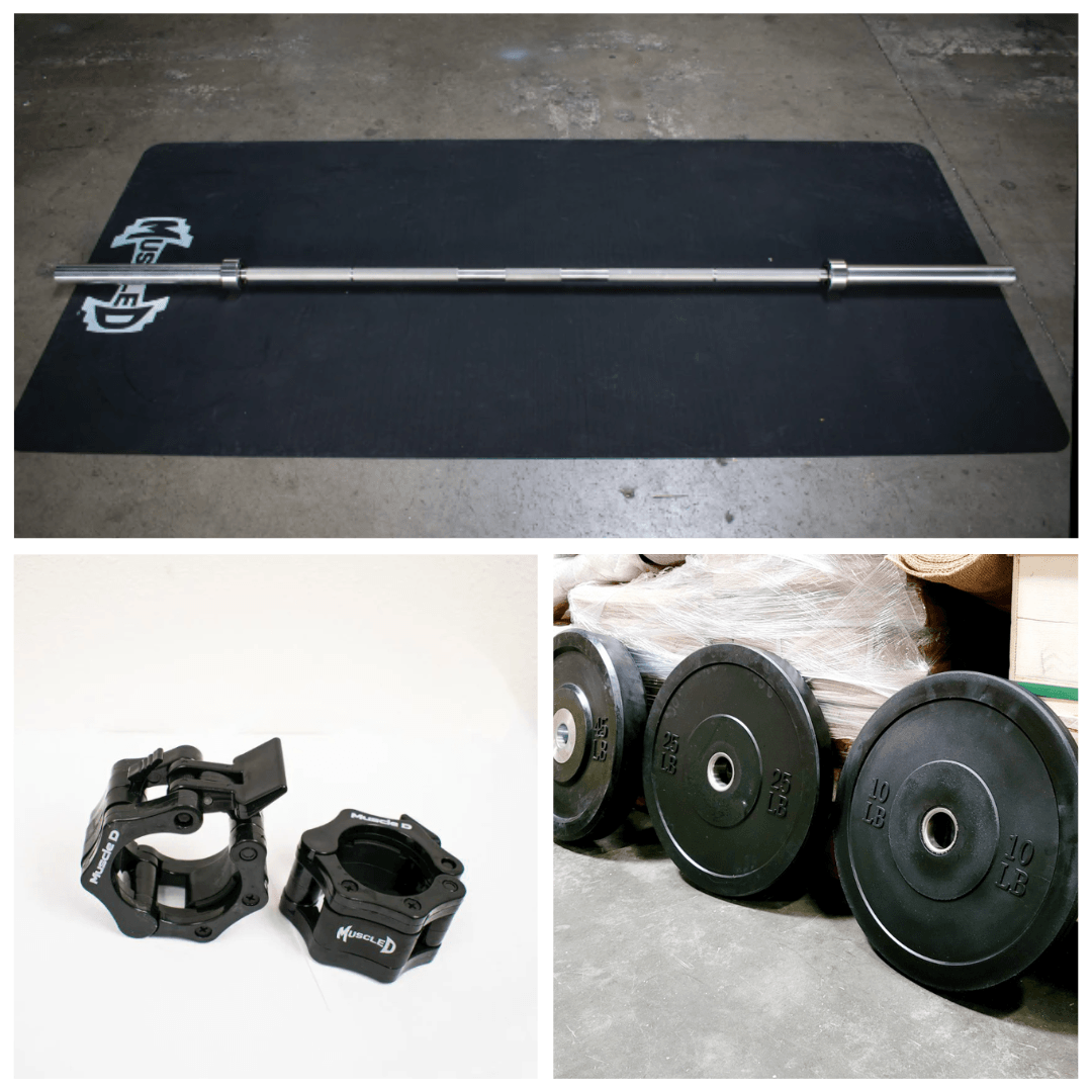 7' Stainless Steel Bushing Olympic Bar and Bumper Plate Set