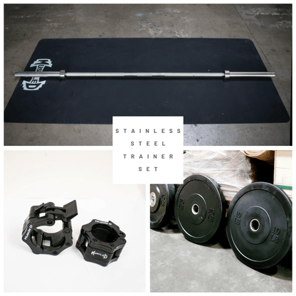 7' Stainless Steel Bushing Olympic Bar and Bumper Plate Set