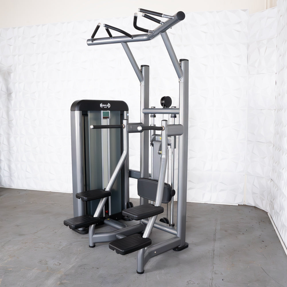 commercial black and dark grey selectorized assisted chin dip machine