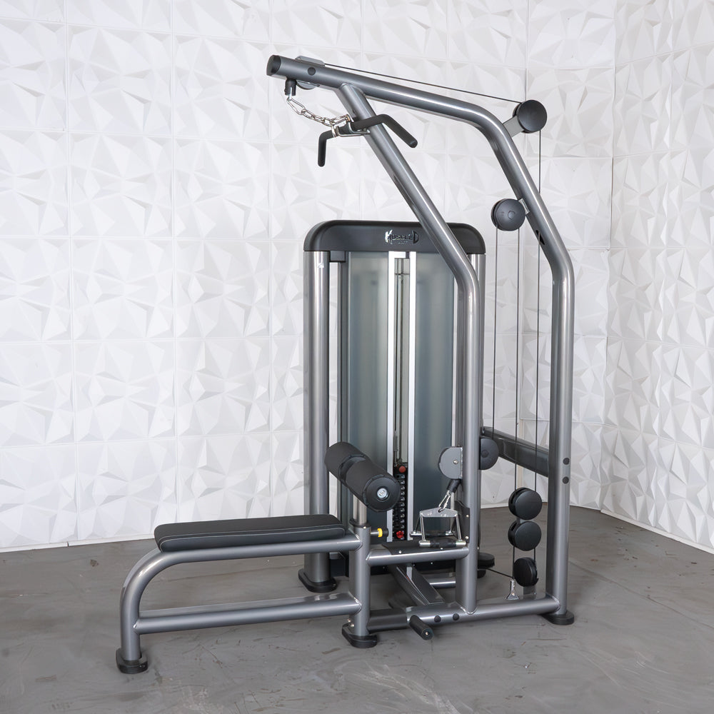 commercial black and dark grey selectorized lat low row combo machine