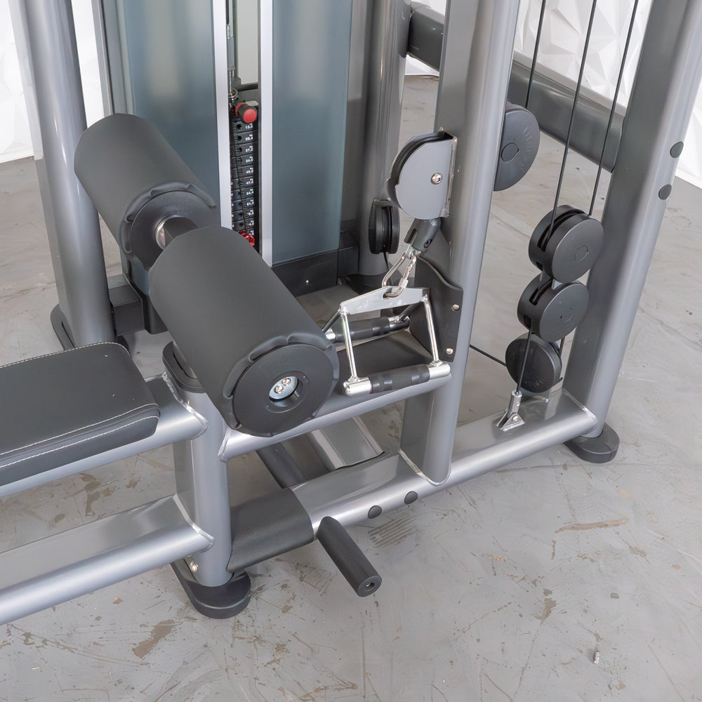 commercial black and dark grey selectorized lat low row combo machine detail