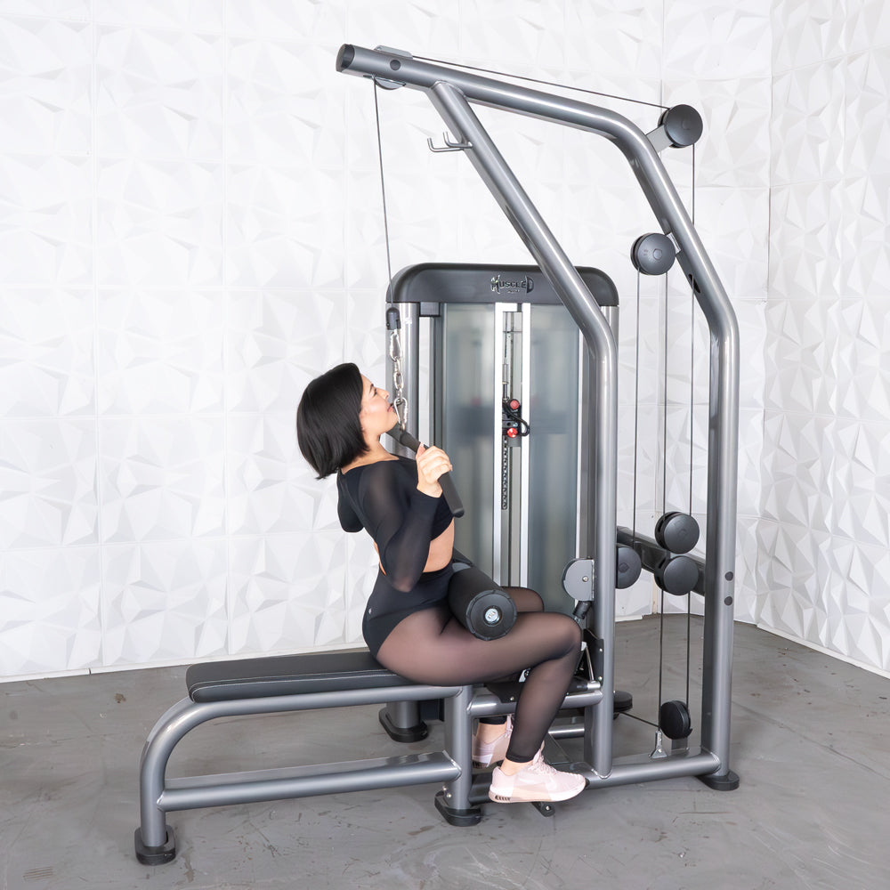 commercial black and dark grey selectorized lat low row combo machine