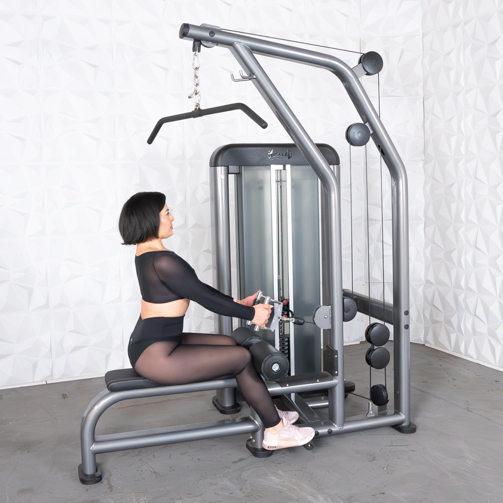 commercial black and dark grey selectorized lat low row combo machine