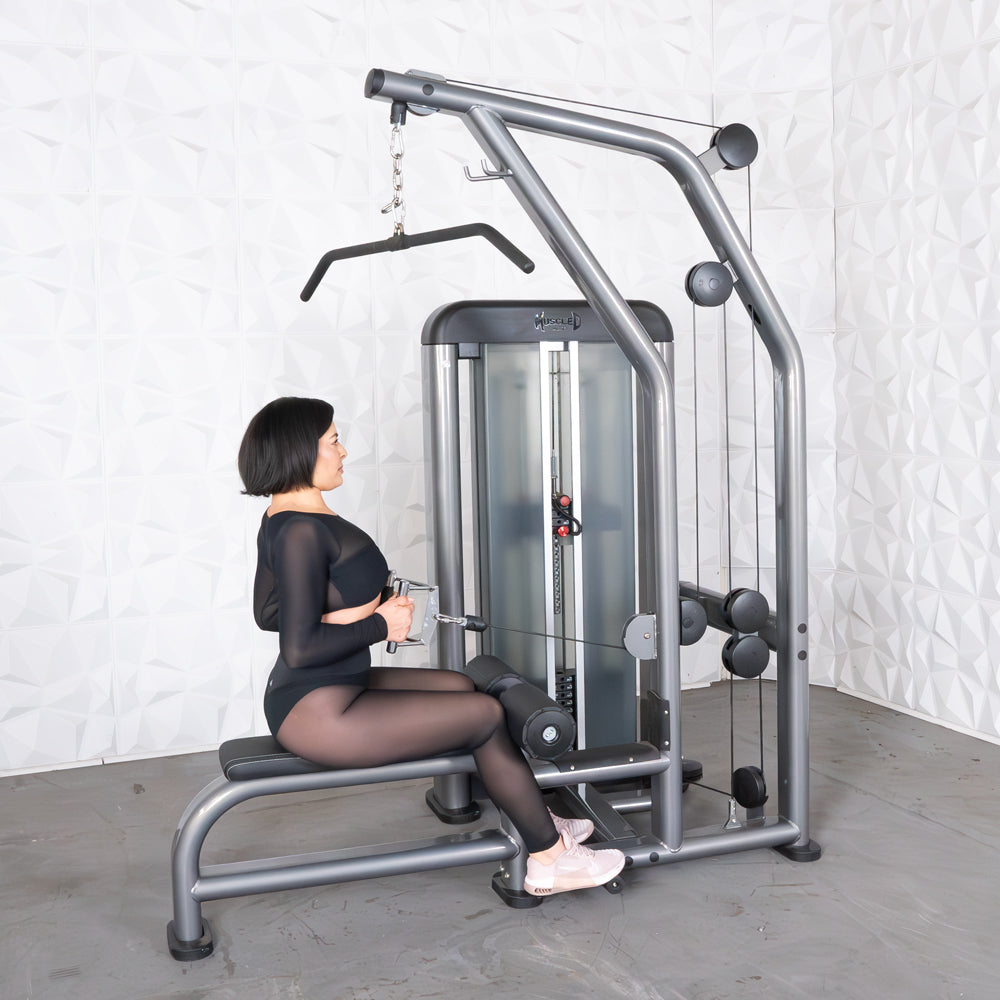 commercial black and dark grey selectorized lat low row combo machine