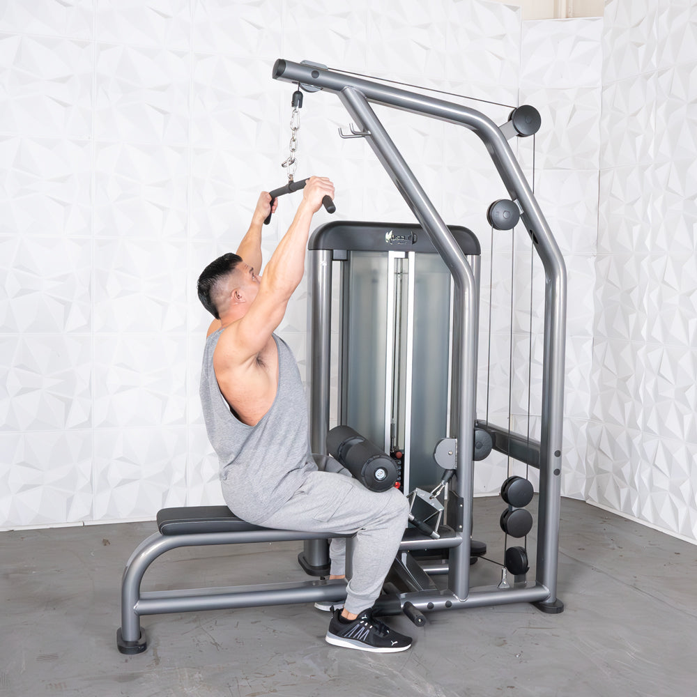 commercial black and dark grey selectorized lat low row combo machine