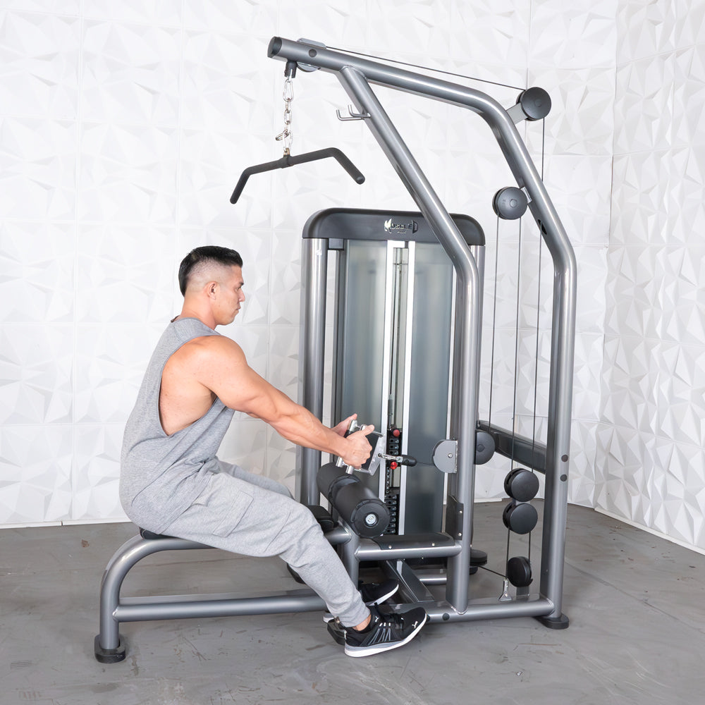 commercial black and dark grey selectorized lat low row combo machine 