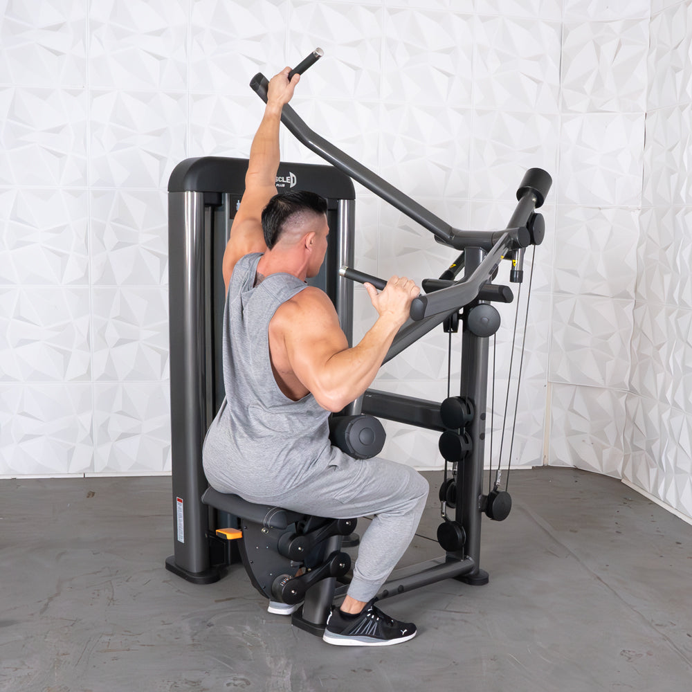 commercial black and dark grey selectorized lat pulldown machine