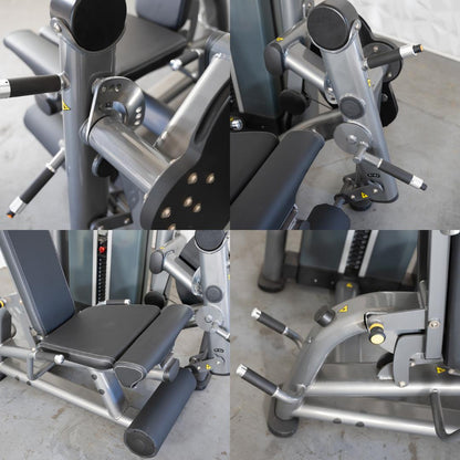 commercial black and dark grey selectorized leg extension prone leg curl combo machine details