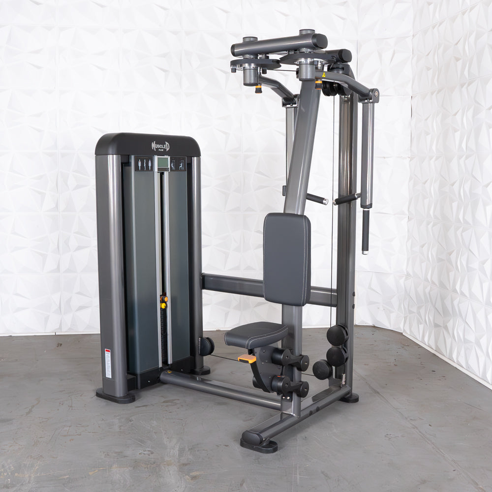 commercial black and dark grey selectorized pec rear delt machine