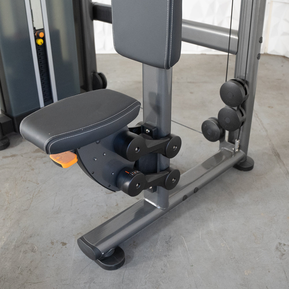 commercial black and dark grey selectorized pec rear delt machine details