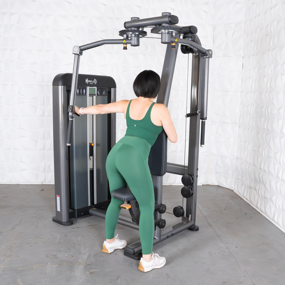 commercial black and dark grey selectorized pec rear delt machine