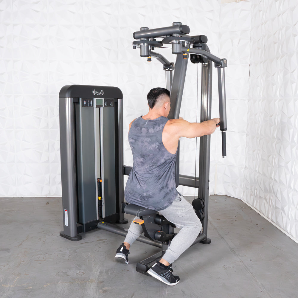 commercial black and dark grey selectorized pec rear delt machine