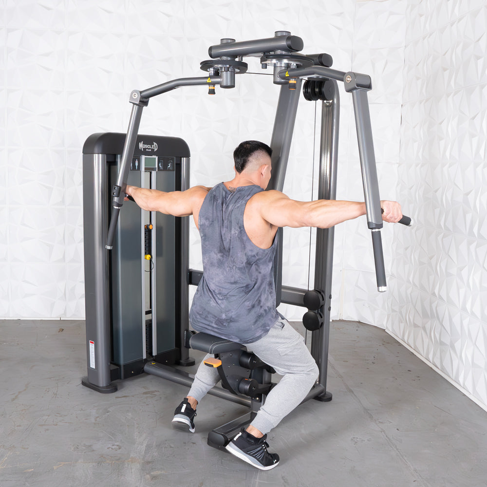 commercial black and dark grey selectorized pec rear delt machine