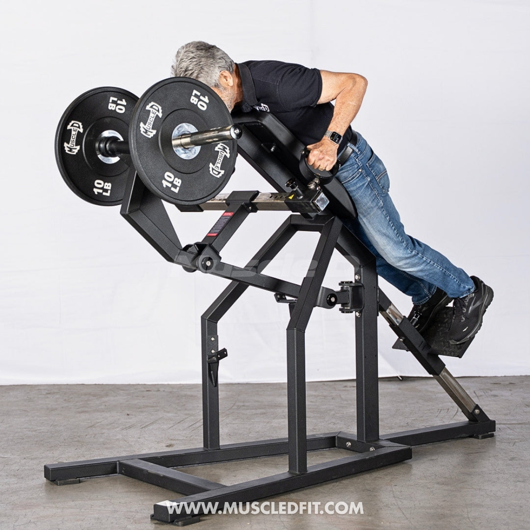 Man using an Excel Chest Supported T-Bar Row machine with weights on a white background