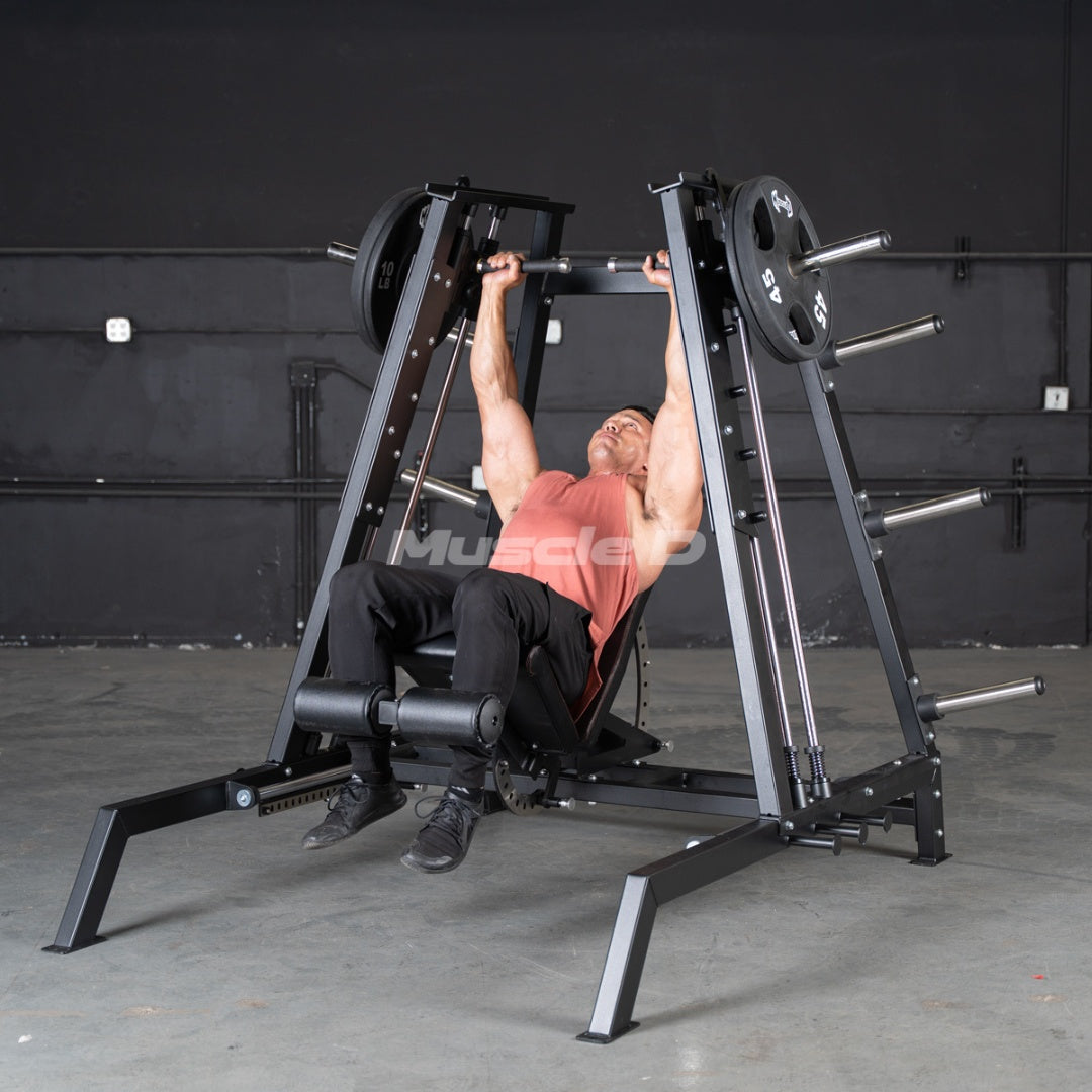 Person using an Excel Flat, Incline, Decline Convergent Smith Machine bench in a gym setting.
