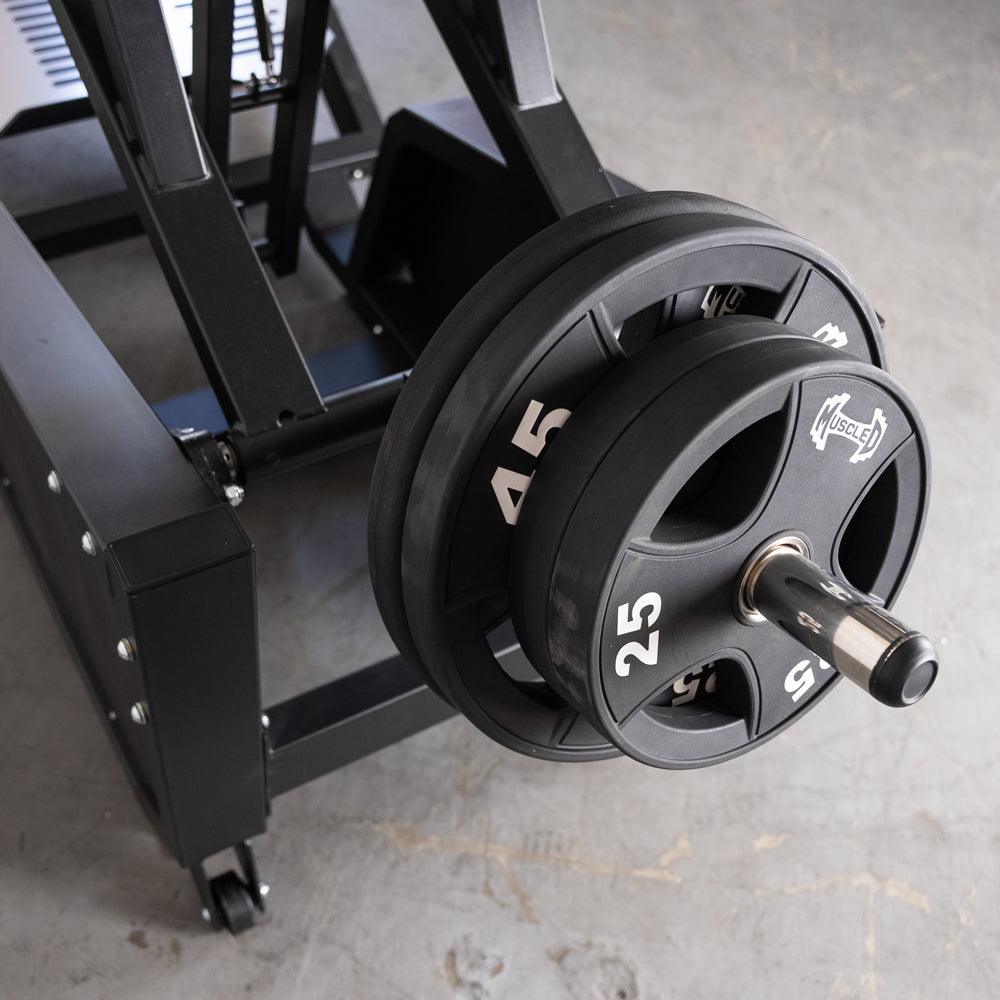 Excel Glute Line Hack Squat / Front Squat - Muscle D Fitness - Plate Load Squat Machine - Counter Balanced - Plate Storage Pegs