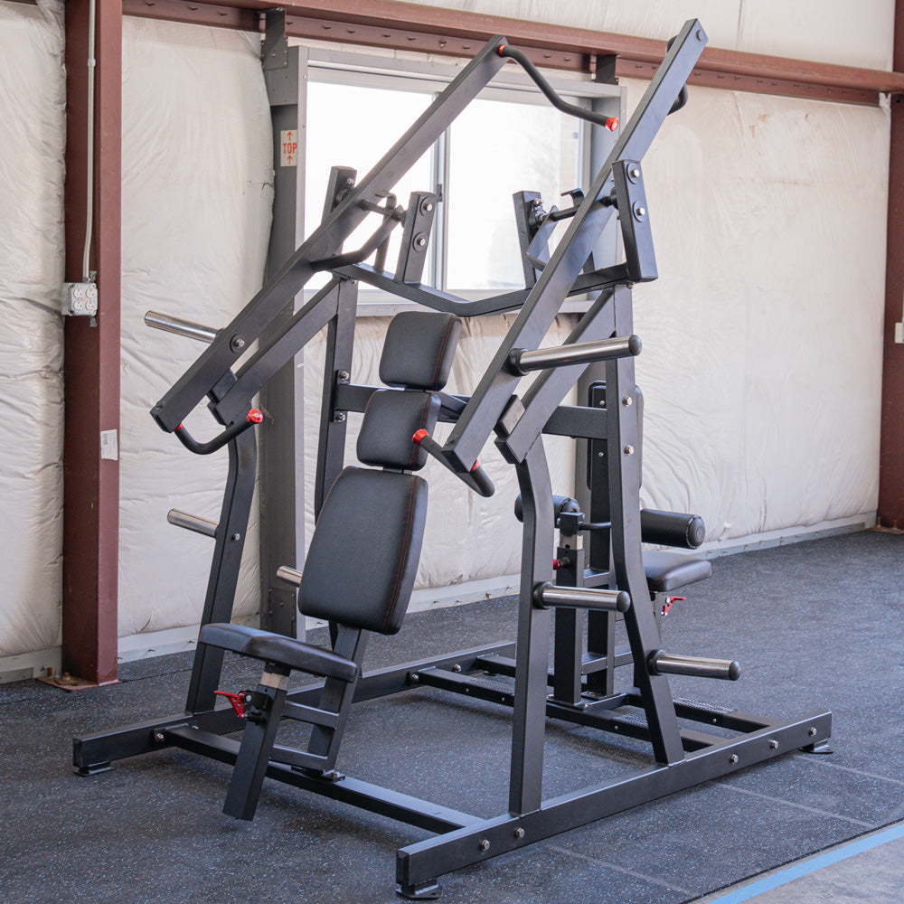 muscle d fitness commercial plate loaded excel leverage black chest and back combo machine chest station