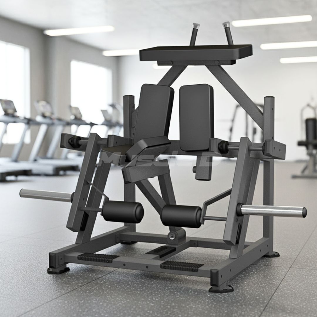 Excel Leverage Kneeling Leg Curl machine in a fitness center with blurred background