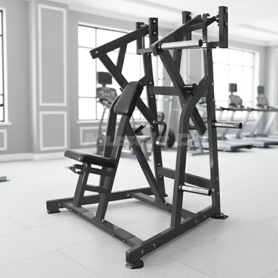 Black Excel Leverage Iso Lateral Low Row machine in a gym setting