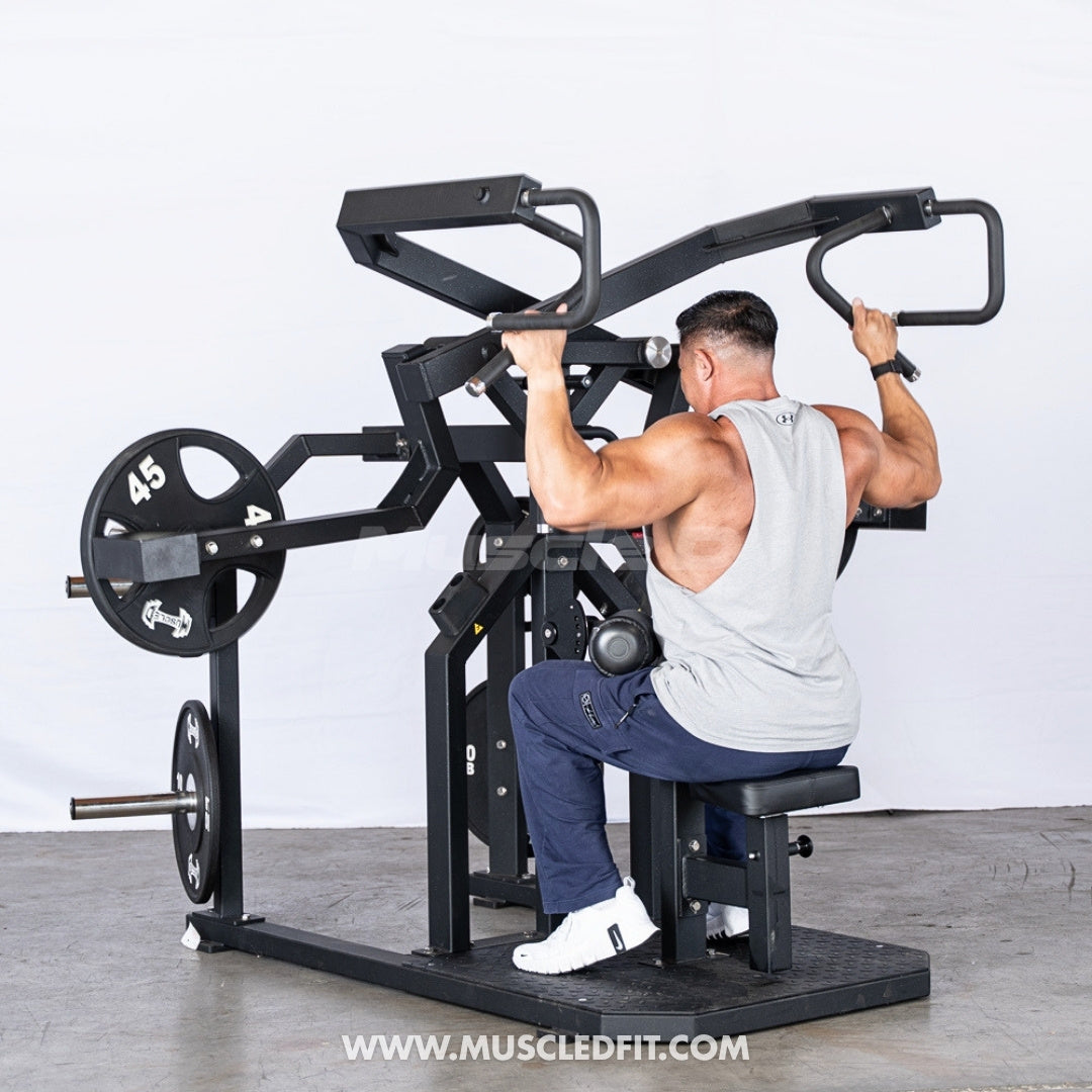 Man exercising on an Excel Rotary Lat Pulldown machine by Muscle D Fitness with a white background