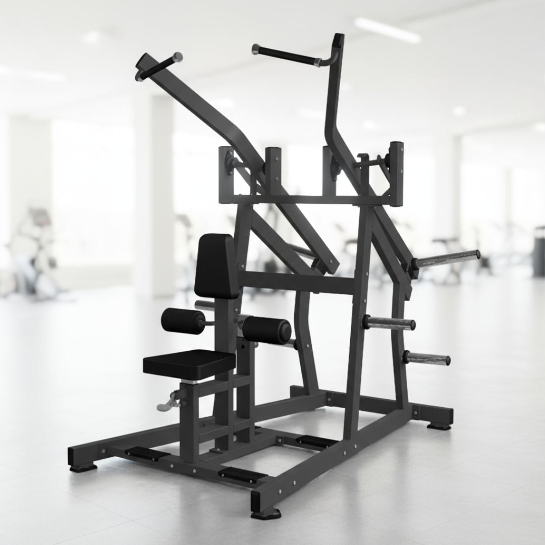 Excel Iso-Lateral Wide Pulldown - Muscle D Fitness - Plate Load Lat Pulldown - Piston Assisted Seat Adjustment - Plate Storage Pegs