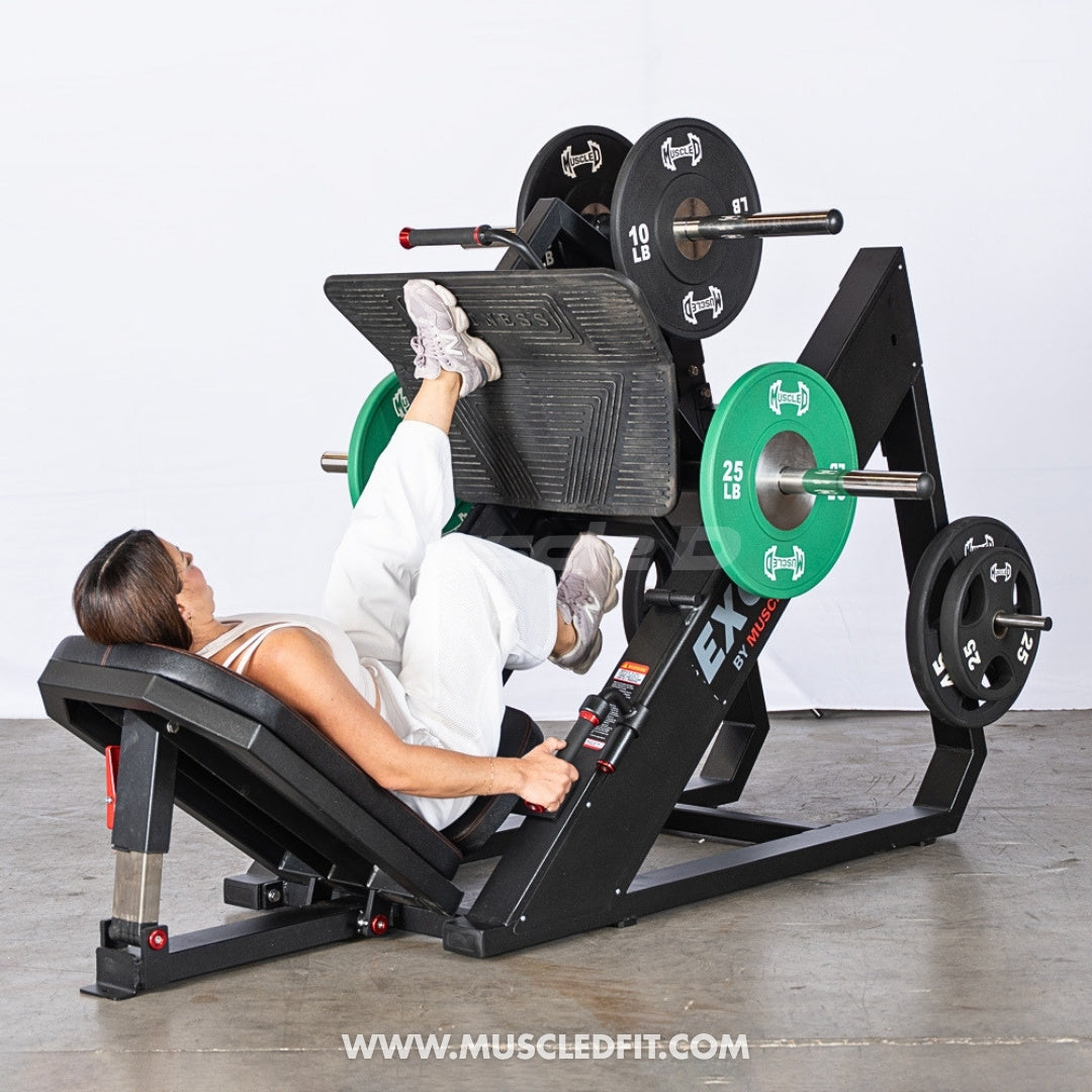 Excel Linear Leg Press - Muscle D Fitness - Plate Load Leg Press - Adjustable Back Pad - Plate Storge Pegs