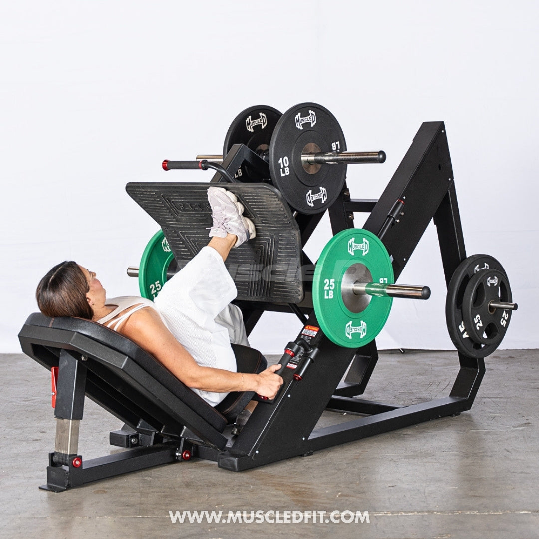 Excel Linear Leg Press - Muscle D Fitness - Plate Load Leg Press - Adjustable Back Pad - Plate Storge Pegs