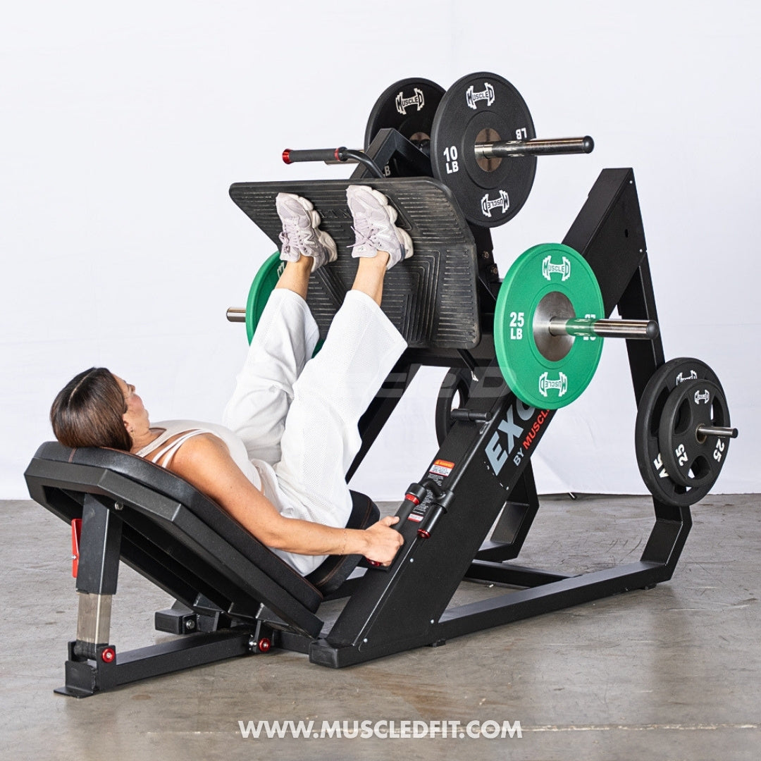 Excel Linear Leg Press - Muscle D Fitness - Plate Load Leg Press - Adjustable Back Pad - Plate Storge Pegs