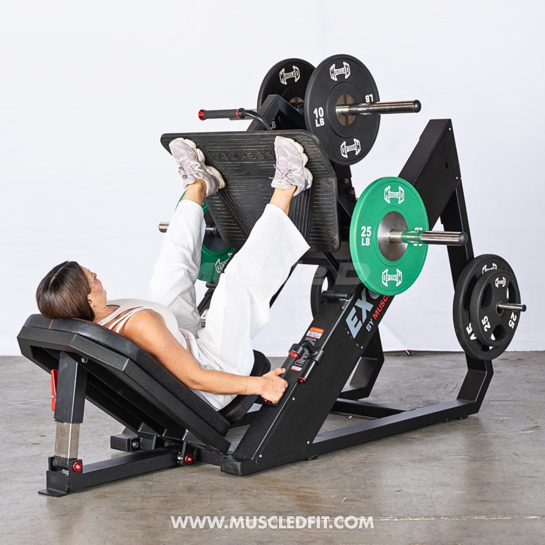 Excel Linear Leg Press - Muscle D Fitness - Plate Load Leg Press - Adjustable Back Pad - Plate Storge Pegs