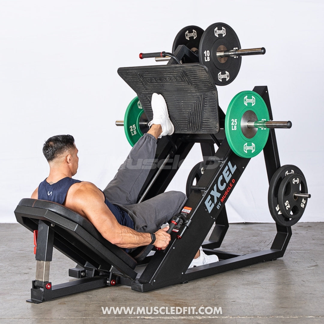 Excel Linear Leg Press - Muscle D Fitness - Plate Load Leg Press - Adjustable Back Pad - Plate Storge Pegs