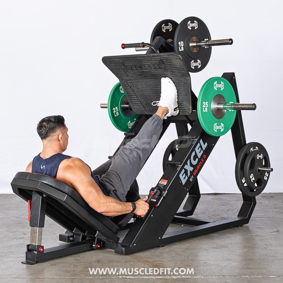Excel Linear Leg Press - Muscle D Fitness - Plate Load Leg Press - Adjustable Back Pad - Plate Storge Pegs