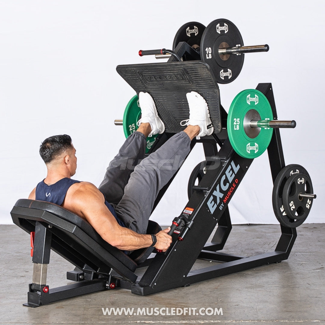 Excel Linear Leg Press - Muscle D Fitness - Plate Load Leg Press - Adjustable Back Pad - Plate Storge Pegs