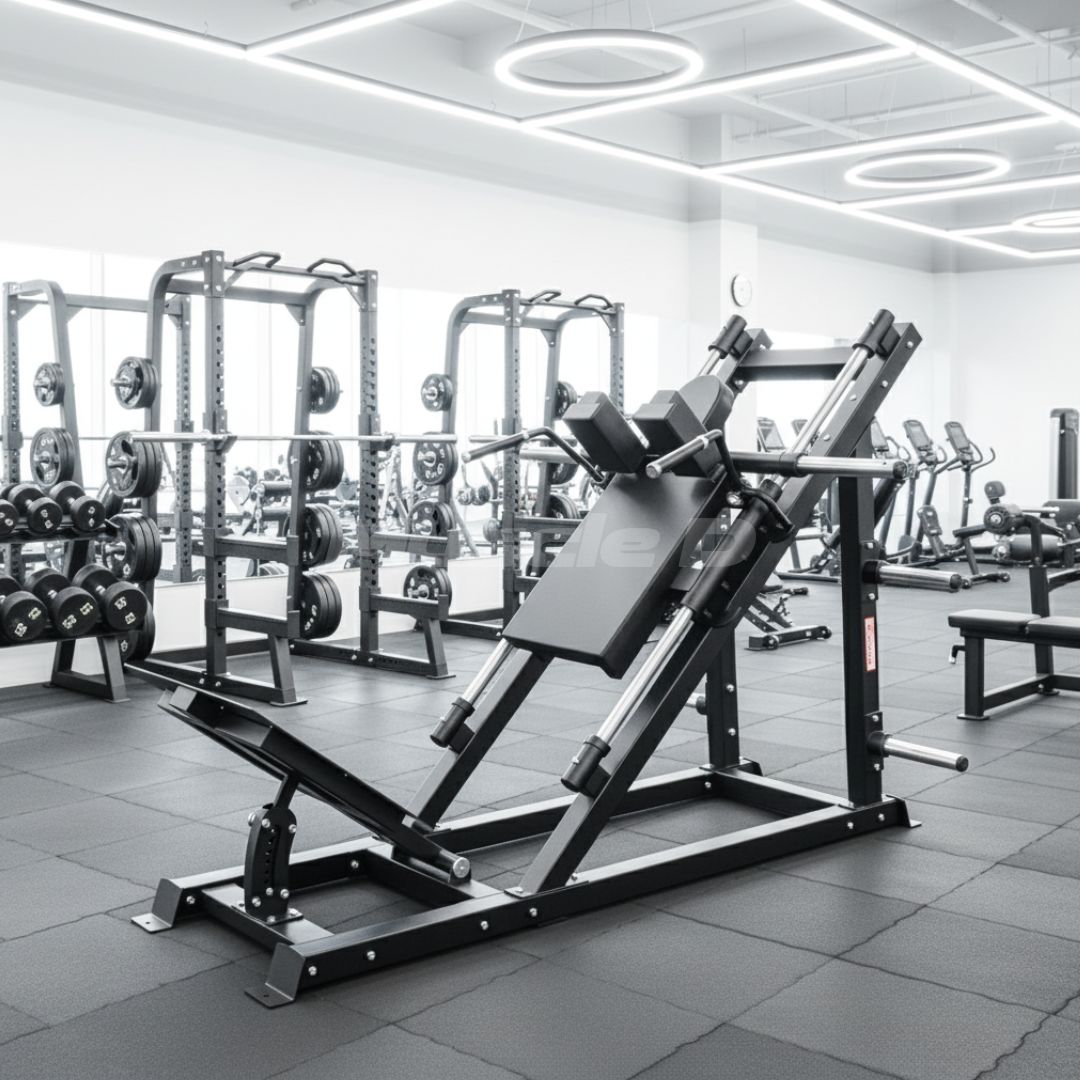 Excel Open Linear Bearing Hack Squat - Muscle D Fitness - Plate Load Squat Machine - Plate Storage Pegs - Adjustable Foot Plate