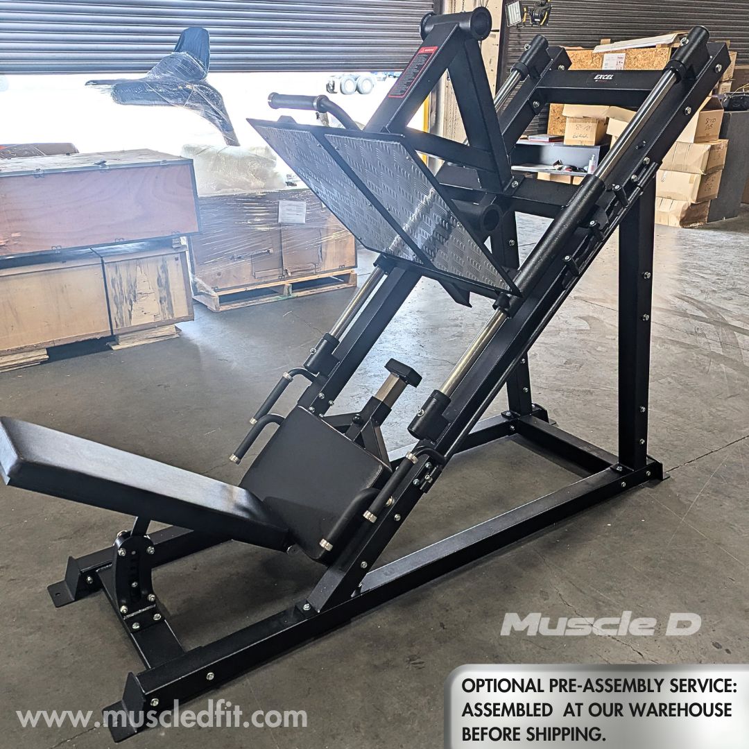 Excel Open Linear Bearing Leg Press - Muscle D Fitness - Plate Load Leg Machine - Weight Storage Pegs - Adjustable Seat