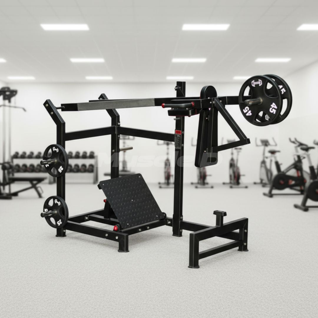 Excel Pendulum Squat - Muscle D Fitness - Plate Load Squat Machine - weight Storage Pegs - Adjustable Foot Plate