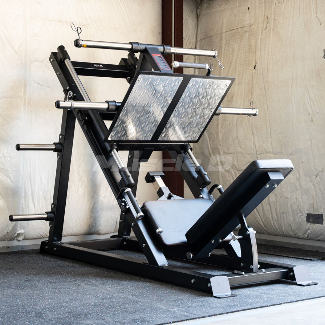 Excel Open Linear Bearing Leg Press - Muscle D Fitness - Plate Load Leg Machine - Weight Storage Pegs - Adjustable Seat