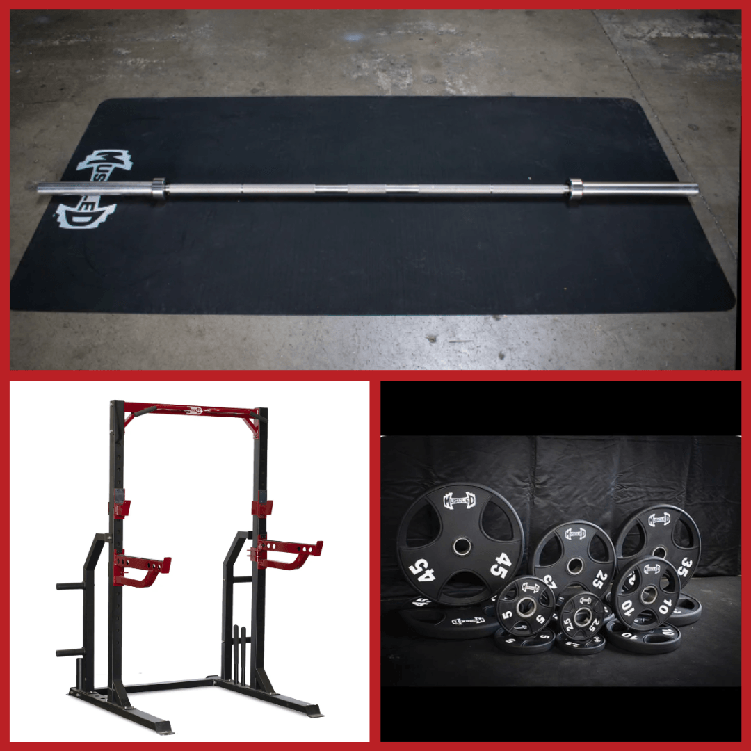 Compact Half Cage Complete Weight Kit - Muscle D Fitness - Storage Squat Rack Adjustable - Dip Handles