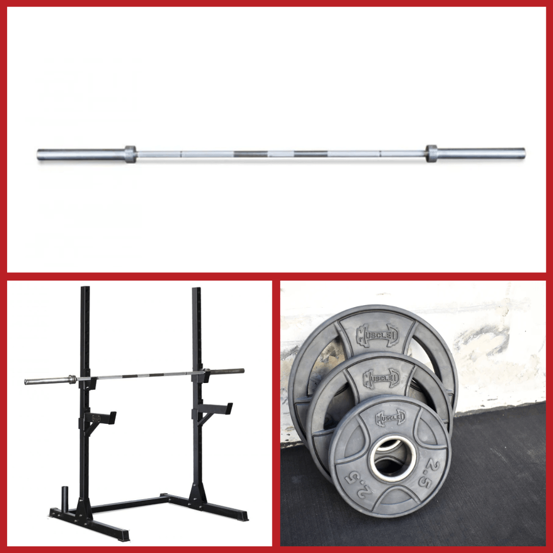 Compact Squat Stand Complete Weight Set - Muscle D Fitness - Adjustable Safety Guards - Vertical Bar Storage - Home Gym