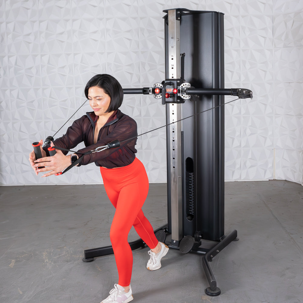 black dual adjustable functional trainer with two hundred pound weight stack